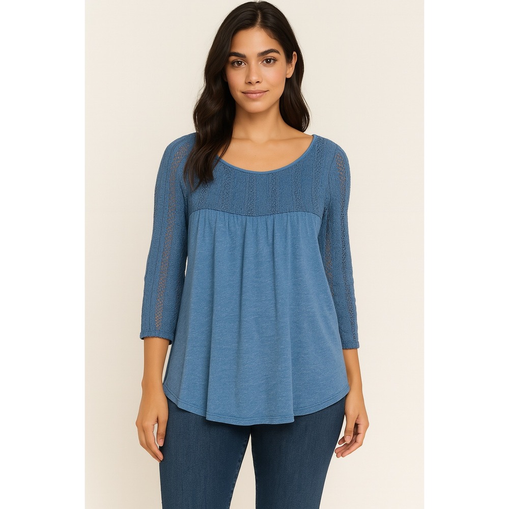 Ecote Women's Blue Knit Crochet Detail 3/4 Sleeve Top Bohemian Blouse‎